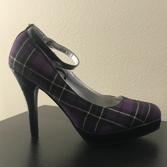 Wet Seal Purple/Gold Plaid Platform Heels with Ankle Strap - Picture 3 of 6